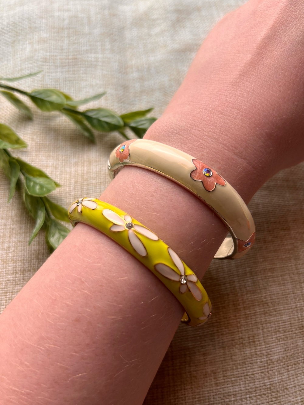 WHIMSY Pink and Green Enamel Bangle Set with Flowers and Crystals